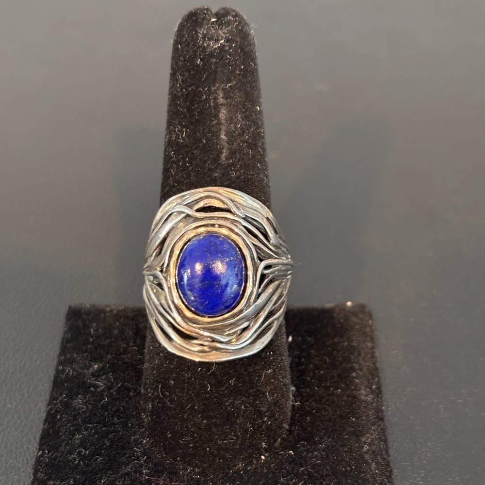 Israeli Or Paz Sterling Silver 925 Textured Lapis Lazuli Statement Ring sz 9